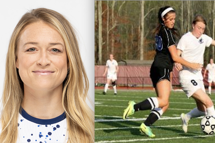 Emily Sonnett on the USWNT World Cup team in 2023 (left) and as a star player (in white, right) at Fellowship Christian School in Roswell, Ga, in 2012