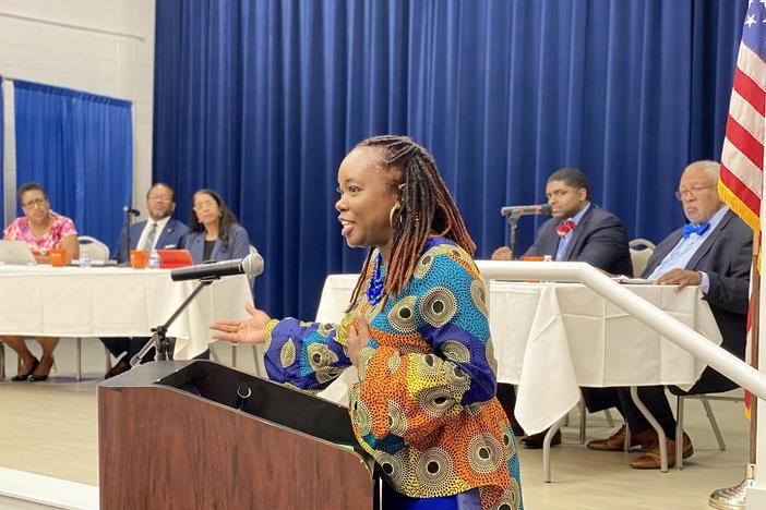 Chatham County District Attorney Shalena Cook Jones speaks during a roundtable discussion of legal issues hosted by the Georgia Legislative Black Caucus at Savannah State University on July 21, 2023.