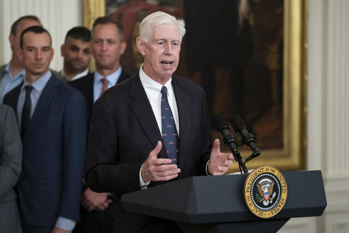 Atlanta Braves President and CEO Terry McGuirk speaks during an event celebrating the 2021 World Series champion Atlanta Braves, in the East Room of the White House, Monday, Sept. 26, 2022, in Washington. Atlanta Braves executives say business will continue as usual under a new ownership structure following a spinoff from Liberty Media. Perhaps most notable is fans will be able to purchase stock in the newly created Atlanta Braves Holdings, Inc., and become owners of the team.