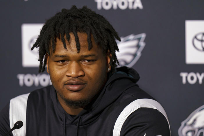 Philadelphia Eagles first round draft pick Jalen Carter, from the University of Georgia, takes questions from the media during NFL rookie football minicamp, Friday, May 5, 2023, in Philadelphia. Victoria S. Bowles, who was seriously injured in the January car crash that killed Georgia offensive lineman Devin Willock and an athletics staffer, has sued the school’s athletics association and former Bulldogs defensive tackle Jalen Carter for damages.