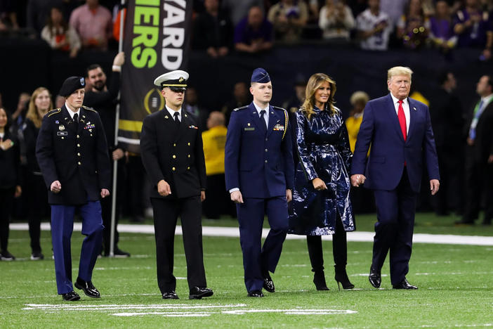 President Donald Trump and first lady Melania Trump took the field at the start of the College Football Playoff National Championship game between the LSU Tigers and the Clemson Tigers at the Mercedes-Benz Superdome on January 13, 2020 in New Orleans, Louisiana. The LSU Tigers beat the Clemson Tigers, 42-25.