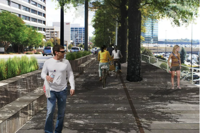 A rendering of the Lenox Boardwalk as it passes Lenox Square. 