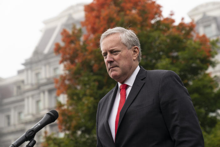 White House chief of staff Mark Meadows speaks with reporters at the White House, Wednesday, Oct. 21, 2020, in Washington. A federal judge in Atlanta is set to hear arguments Monday, Aug. 28, 2023, on whether Mark Meadows should be allowed to fight the Georgia indictment accusing him of participating in an illegal scheme to overturn the 2020 election in federal court rather than in a state court.