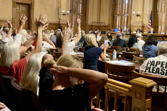  At a Georgia State Election Board meeting on Aug. 1, more than 100 people gathered inside the state Capitol to pressure election officials to switch to paper ballots before the 2024 election. Stanley Dunlap/Georgia Recorder