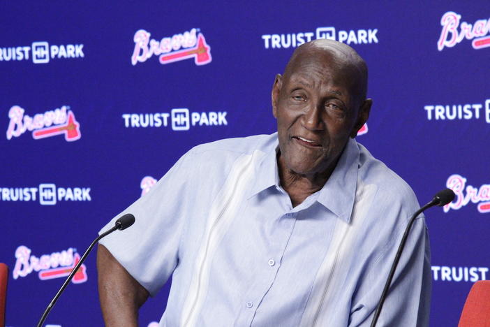 Rico Carty speaks at a pre-ceremony press conference at Truist Park on Saturday, August 19, 2023. 