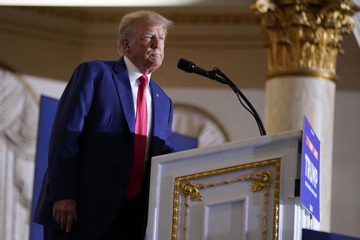 Former President Donald Trump speaks at his Mar-a-Lago estate Tuesday, April 4, 2023, in Palm Beach, Fla. Lawyers for Trump are due back in court Monday, Aug. 28, as a federal judge considers radically conflicting proposals for a trial date in the case accusing him of working to overturn the results of the 2020 presidential election.
