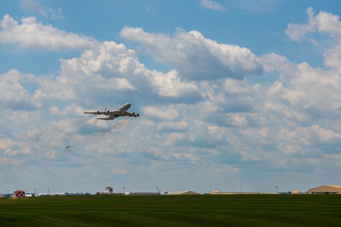 An E-8C Joint STARS takes off from a runway at Robins Air Force Base, Georgia, during the 12th Airborne Command and Control Squadron’s last active-duty mission flight July 12, 2023. 