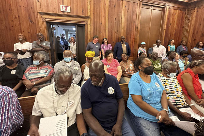 Residents, landowners and supporters of the Hogg Hummock community on Sapelo Island fill a courtroom, Sept. 12, 2023, in Darien, Ga.