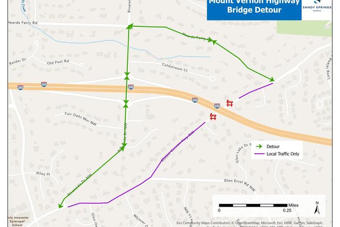 A map of a detour route around a closed bridge