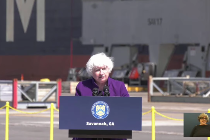 U.S. Treasury Secretary Janet Yellen speaks at the Port of Savannah on Friday, Sept. 29, 2023.