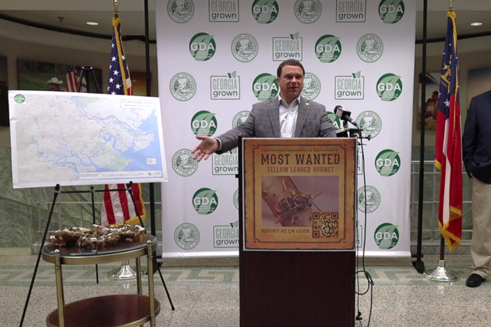 Georgia Agriculture Commissioner Tyler Harper speaks at a Wednesday news conference in Atlanta, standing next to a portion of the second yellow-legged hornet nest and a map of sightings in Chatham County.