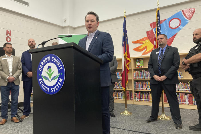 Georgia Lt. Gov. Burt Jones discusses school safety proposals, Wednesday, Oct. 25, 2023, at Austin Road Elementary School in Winder, Ga. Jones says he wants to pay a $10,000 yearly stipend to teachers who pass firearms training, allowing them to carry guns in school. 
