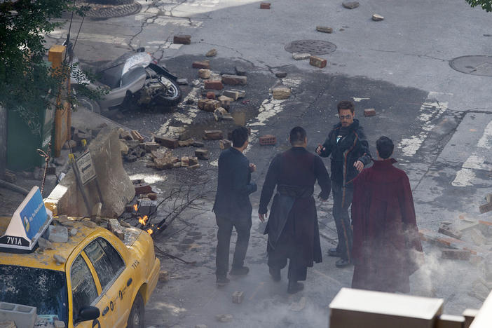 Cast members, from left, Mark Ruffalo, Benedict Wong, Robert Downey Jr. and Benedict Cumberbatch, appear on location in Atlanta during the filming of "Avengers: Infinity Wars" on June 26, 2017. 