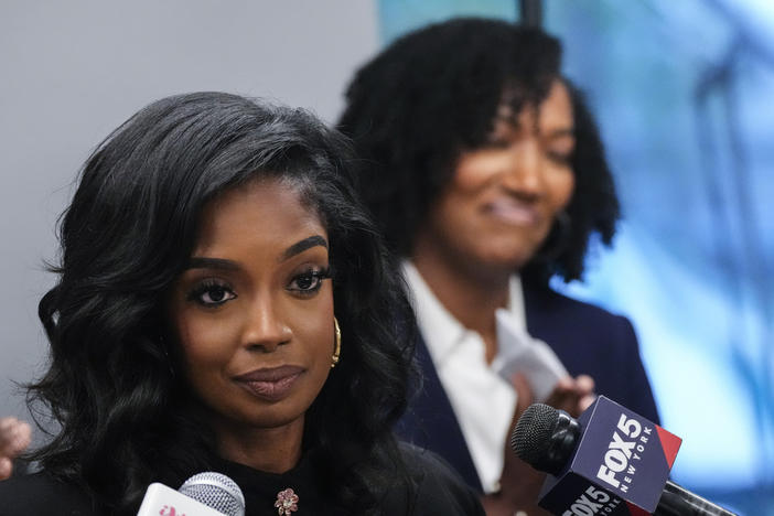 Ayana Parsons, right, and Arian Simone, of Fearless Fund, attend a news conference, Aug. 10, 2023, in New York. The venture capital firm that has backed buzzy new companies like restaurant chain Slutty Vegan and beauty brand Live Tinted has become symbolic of the fight over corporate diversity policies since becoming a target of a lawsuit over a grant program for Black women. 