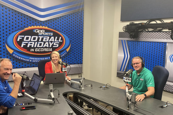 GHSA Executive Director Dr. Robin Hines in studio with Football Fridays in Georgia Podcast hosts Jon Nelson and Hannah Goodin