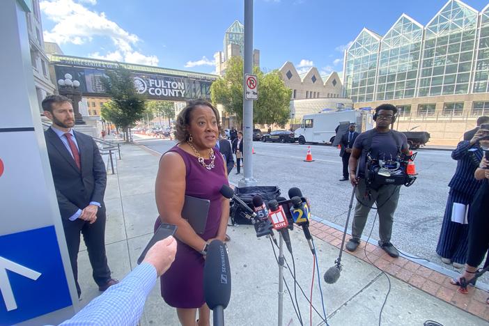 DeKalb District Attorney Sherri Boston addressed reporters on September 22 outside the Fulton County Courthouse. 