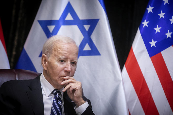 U.S. President Joe Biden pauses during a meeting with Israeli Prime Minister Benjamin Netanyahu to discuss the war between Israel and Hamas, in Tel Aviv, Israel, Wednesday, Oct. 18, 2023. 