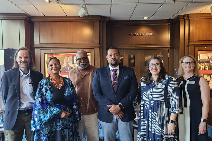 Panelists (from left to right) Dr. Robert Woodrum, Deborah Scott, Eric Richardson, and Dr. Maurice Hobson speak at the opening of the Fighting for Freedom labor exhibit on  September 28, 2023. 