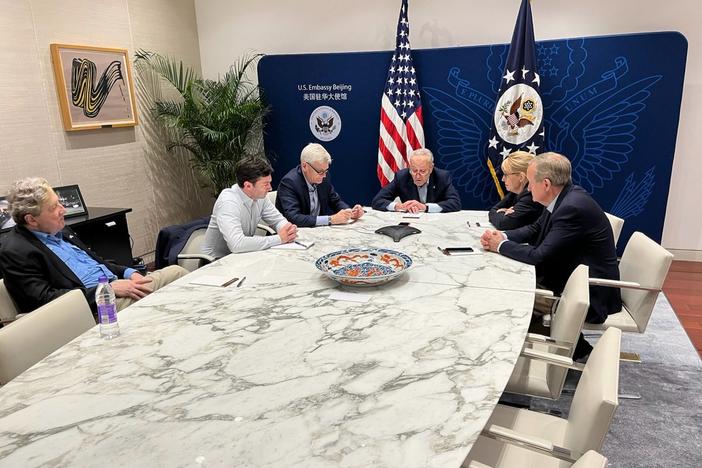 Sen. Jon Ossoff with senate colleagues of the Bipartisan Senate National Security Delegation to Asia talking to Israeli President Isaac Herzog on the Hamas' attack on Israel.