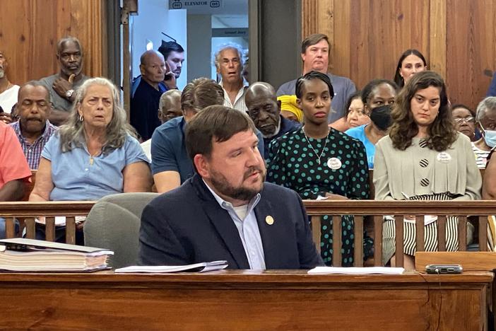 McIntosh County Manager Patrick Zoucks sits at a meeting of county commissioners at the McIntosh County Courthouse on Sept. 12, 2023.