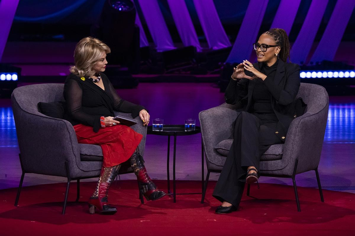 Host Pat Mitchell and Ava DuVernay speak at TEDWomen in Atlanta on Oct. 11, 2023.