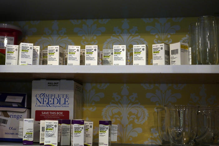 A stockpile of testosterone sits on a shelf in Becky Hormuth's kitchen Wednesday, Sept. 20, 2023, in Wentzville, Mo. Hormuth has been carefully dosing the drug given to her 16-year-old because she is fearful of losing care for her son who came out as transgender about four years ago as some states have worked to ban gender-affirming for minors. 