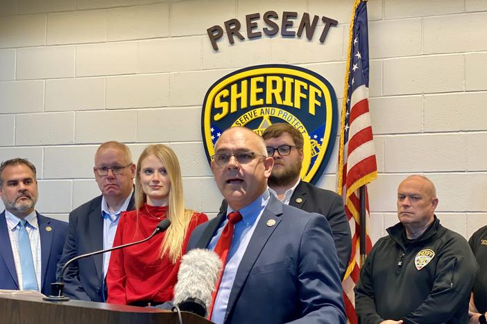 Georgia Labor Commissioner Bruce Thompson speaks at a news conference at the Chatham County Detention Center in Savannah on Nov. 8, 2023.