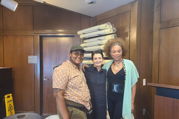 From left to right Archivists Asbhy Combahee and Morna Gerard stand with Activist Tracee McDaniel in the archives of the Georgia State University Library September 5, 2023. 