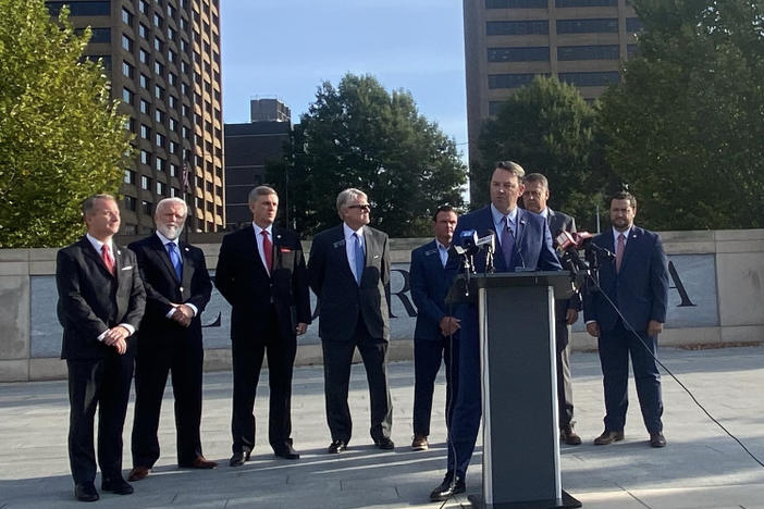 Lieutenant Governor Burt Jones (center) and State Senators announce a special subcomittee to investigate overcrowding at the Fulton County Jail. 