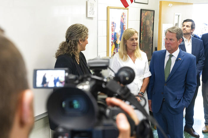 Georgia Gov. Brian Kemp and First Lady of Georgia Marty Kemp meet with Dorcas Acosta, a Spanish teacher at Ola High School, on Friday, July 29, 2022, in McDonough, Ga. 