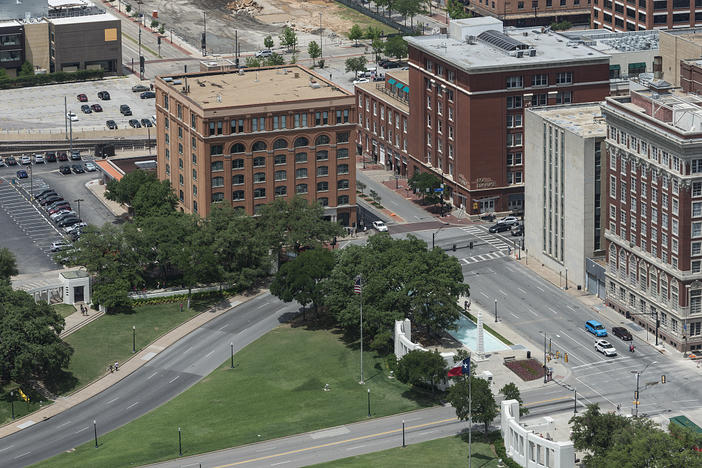 View, in 2014, of Dealey Plaza and the Texas School Book Depository in Dallas, Texas, where Lee Harvey Oswald, the presumptive assassin of President John F. Kennedy, found a perch above the plaza on Nov. 22, 1963