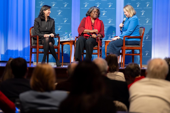 Carter Center CEO Paige Alexander (left), U.S. Ambassador to the United Nations, Linda Thomas-Greenfield and World Affairs Council of Atlanta President Rickey Bevington participate in a forum about the legacy of the Universal Declaration of Human Rights at the Carter Center in Atlanta on Dec. 11, 2023. 