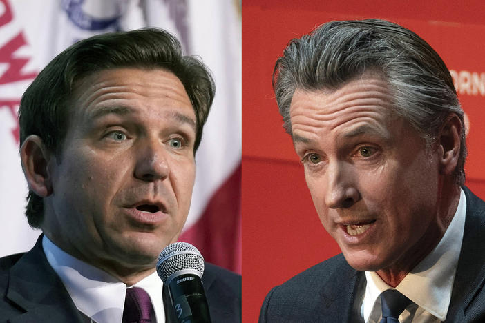 In this combination of photos, Republican presidential candidate Florida Gov. Ron DeSantis speaks on Sept. 16, 2023, in Des Moines, Iowa, at left, and California Gov. Gavin Newsom, speaks on Sept. 12, 2023, in Sacramento, Calif. 