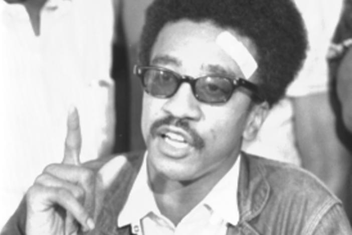 H. Rap Brown speaking at a Student Nonviolent Coordinating Committee news conference.