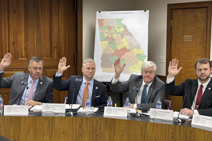 Four Republican Georgia state Sens., from left, Steve Gooch, John Kennedy, Bill Cowsert and Bo Hatchett vote in favor of their party's plan to draw new voting districts for the state Senate, Thursday, Nov. 30, 2023, at the Georgia Capitol in Atlanta. Lawmakers were ordered by a federal judge to draw additional Black-majority voting districts after he found current districts illegally dilute Black voters' power.