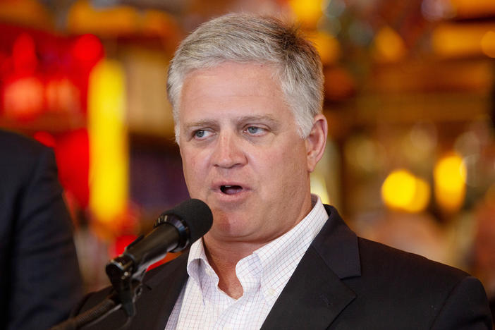 Rep. Drew Ferguson, R-Georgia, speaks to the press at a diner on Monday, May 4, 2021, in Marietta, Ga. Ferguson said Thursday, Dec. 14, 2023, that he plans to leave office after finishing his term next year, saying he looks forward to spending more time with his family. 