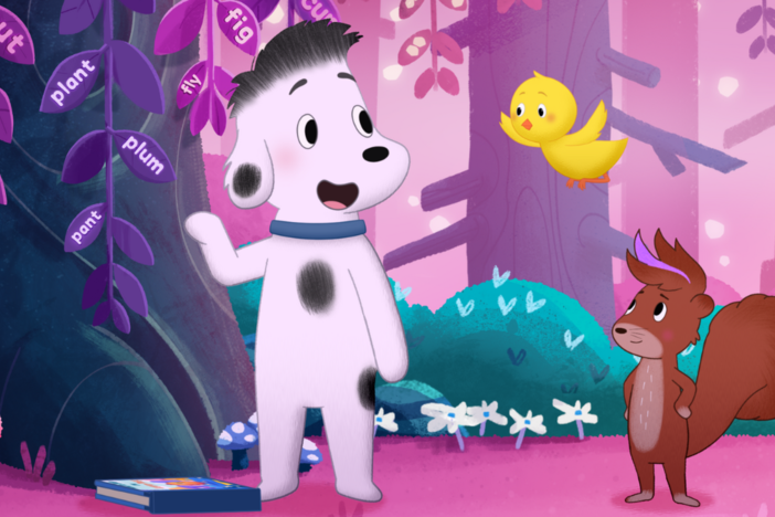 Rocket, Little Yellow Bird, and Squirrel are surrounded by words in the forest