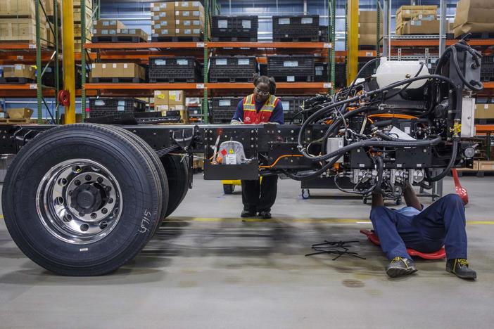 On the EV bus production line at the Fort Valley Blue Bird Manufacturing plant. 