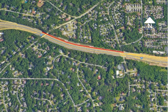 The section of the westbound shoulder on I-285 scheduled for closure runs from Long Island Drive to just past Mt. Vernon Highway as shown above. 