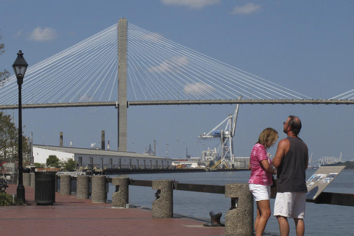 The Eugene Talmadge Memorial Bridge over the Savannah River is seen, Sept. 28, 2017, in Savannah, Ga. The Georgia Department of Transportation said Wednesday, Jan. 3, 2024, that it has chosen a general contractor to oversee a $189 million project to raise Savannah's towering suspension bridge so that larger cargo ships can pass underneath and reach the city's busy seaport.