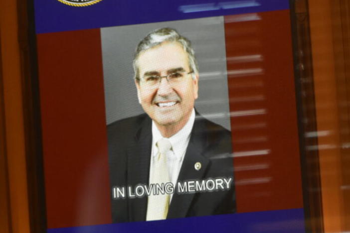 A screen in the House chamber memorializes Rep. Richard Smith. Ross Williams/Georgia Recorder