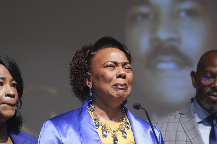 Bernice King, daughter of slain civil-right leader Martin Luther King Jr., becomes emotional as she speaks about her brother Dexter Scott King during a news conference Tuesday, Jan. 23, 2024, in Atlanta. Dexter died Monday, Jan. 22, 2024 at his California home after battling prostate cancer. 