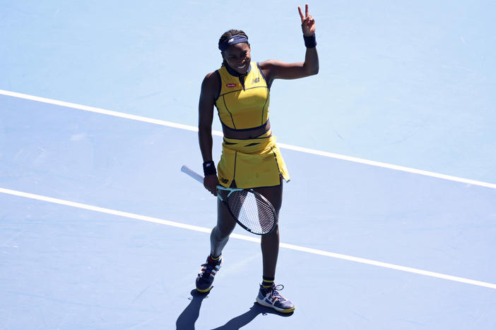 Coco Gauff of the U.S. celebrates after defeating Marta Kostyuk of Ukraine in their quarterfinal match at the Australian Open tennis championships at Melbourne Park, Melbourne, Australia, Tuesday, Jan. 23, 2024. 