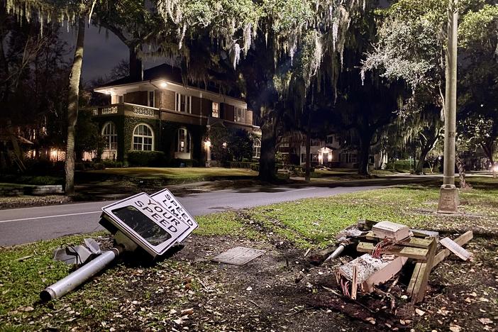 A downed speed monitor lies along Abercorn Street in Savannah's Ardsley Park neighborhood.