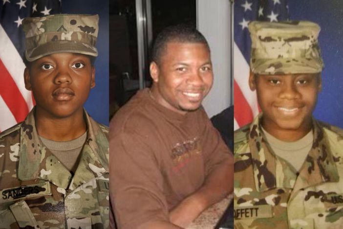 This combination of photos shows, from left to right, Specialist Kennedy Sanders, of Waycross, Ga, Sgt. William Jerome Rivers  of Carrollton, Ga. and Spc. Breonna Alexsondria Moffett of Savannah, Ga.