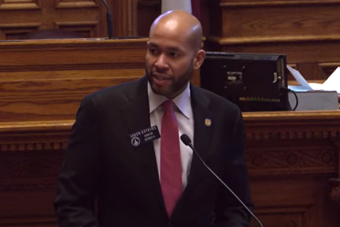 State Sen. Jason Esteves (D-Atlanta) is shown speaking in the Georgia State Senate.