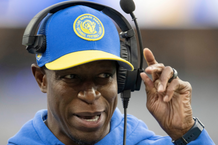 Los Angeles Rams defensive coordinator Raheem Morris during an NFL football game against the Cleveland Browns, Sunday, Dec. 3, 2023, in Inglewood, Calif. The Atlanta Falcons interviewed Los Morris for the head coaching vacancy on Saturday, Jan 20, 2024, adding a familiar name to list of candidates.