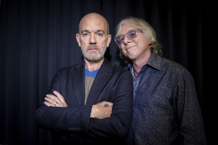 This Oct. 28, 2019 photo shows Michael Stipe and Mike Mills, from R.E.M. posing for a portrait in New York. The band is among the nominees for the 2024 Songwriters Hall of Fame. 