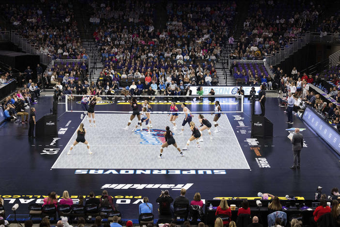 Atlanta Vibe, front, plays against Omaha Supernovas during a Pro Volleyball Federation game Wednesday, Jan. 24, 2024, in Omaha, Neb.