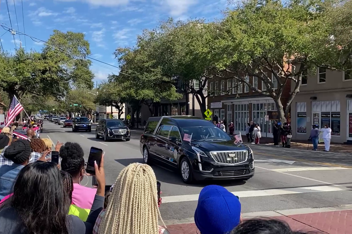A hearse carrying the remains of Sgt. Breonna Moffett drives down Martin Luther King Jr. Boulevard in downtown Savannah on Thursday, as onlookers honored the fallen soldier who was killed by a January drone attack in Jordan.